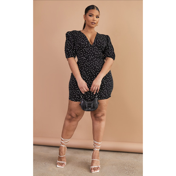 PLT PLUS BLACK POLKA DOT PUFF SLEEVE TEA DRESS - Picture 1 of 5